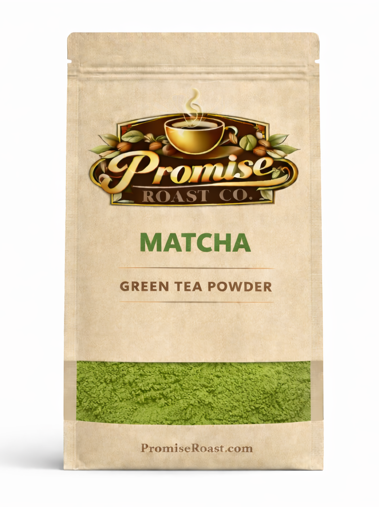 Package of Promise Roast Co. Matcha green tea powder on a white background