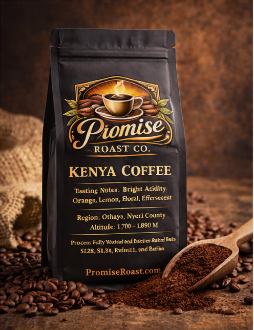 Black coffee bag from Promise Roast Co. withKenya Coffee on a wooden background