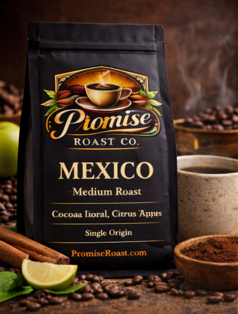 Piomise Roast Co. Mexico coffee bag with coffee beans and a cup in the background
