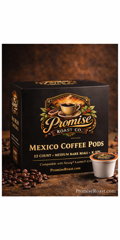 Box of Promise Roast Co. Mexico Coffee Pods with coffee beans and a coffee pod on a wooden surface.