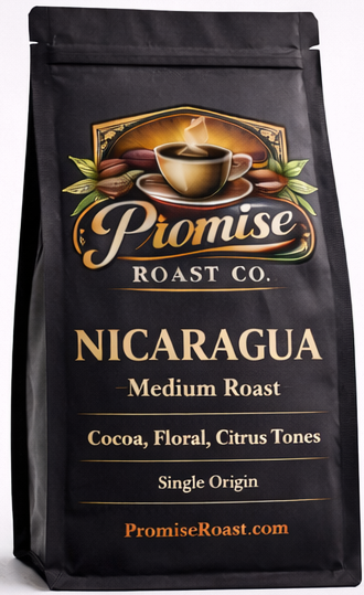 Coffee bag from Promise Roast Co. with Nicaragua label on a white background