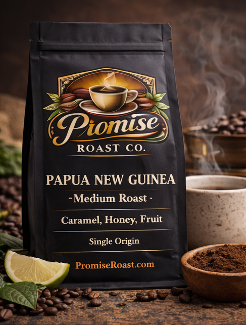 Coffee bag from Promise Roast Co. with coffee beans and a cup in the background