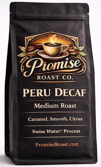 Coffee bag from Promise Roast Co. with Peru Decaf label on a white background