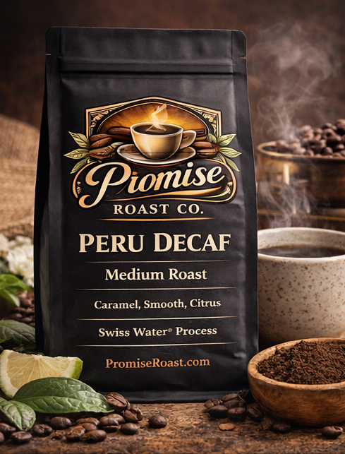 Coffee bag from Promise Roast Co. with coffee beans and a cup in the background