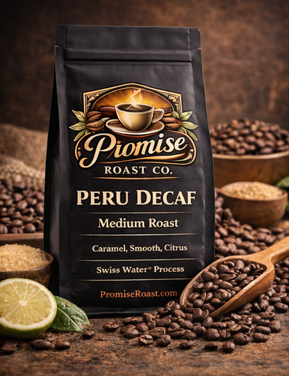 Coffee bag from Promise Roast Co. with coffee beans and lime on a wooden surface