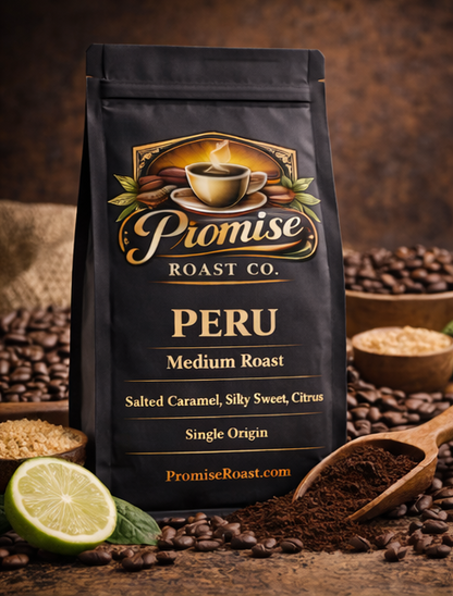 Coffee bag from Promise Roast Co. with coffee beans and a lime on a wooden surface.