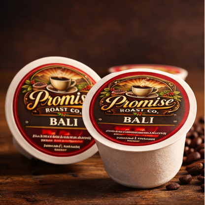 Two coffee pods from Promise Roast Co. with a Bali flavor on a wooden surface with coffee beans.