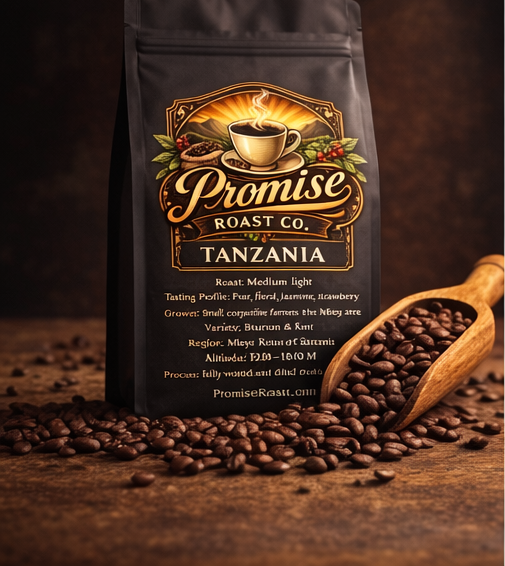 Coffee bag from Promise Roast Co. with coffee beans and a wooden scoop on a dark background