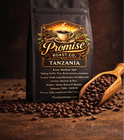 Coffee bag from Promise Roast Co. with coffee beans and a wooden scoop on a dark background