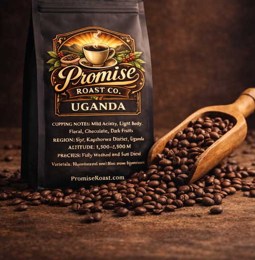 Coffee bag from Promise Roast Co. with coffee beans and a wooden scoop on a dark background
