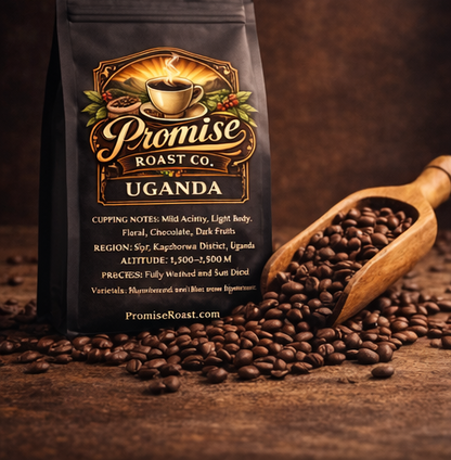 Coffee bag from Promise Roast Co. with coffee beans and a wooden scoop on a dark background