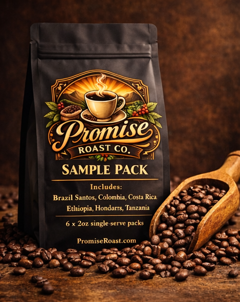 Coffee sample pack with beans and scoop on a wooden surface