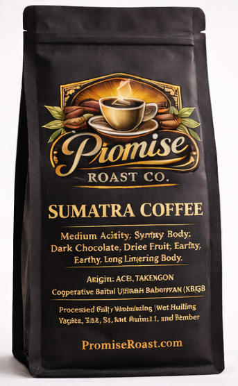 Black coffee bag with 'Promise Roast Co' branding on a white background
