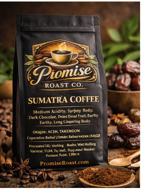 Sumatra coffee package with 'Promise Roast Co.' branding on a wooden surface.